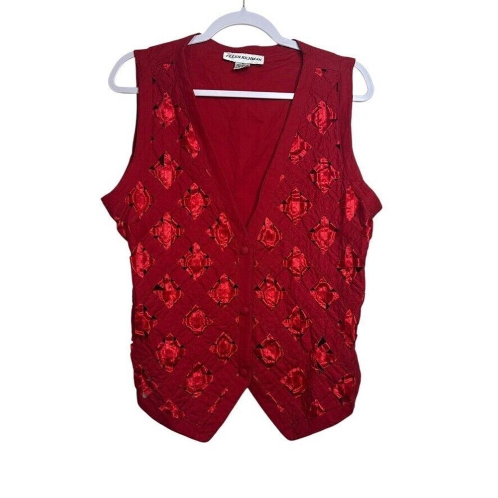 VTG Ellen Richman Lattice Woven Vest Women's M Cherry Red Y2K Boho‎ Whimsygoth